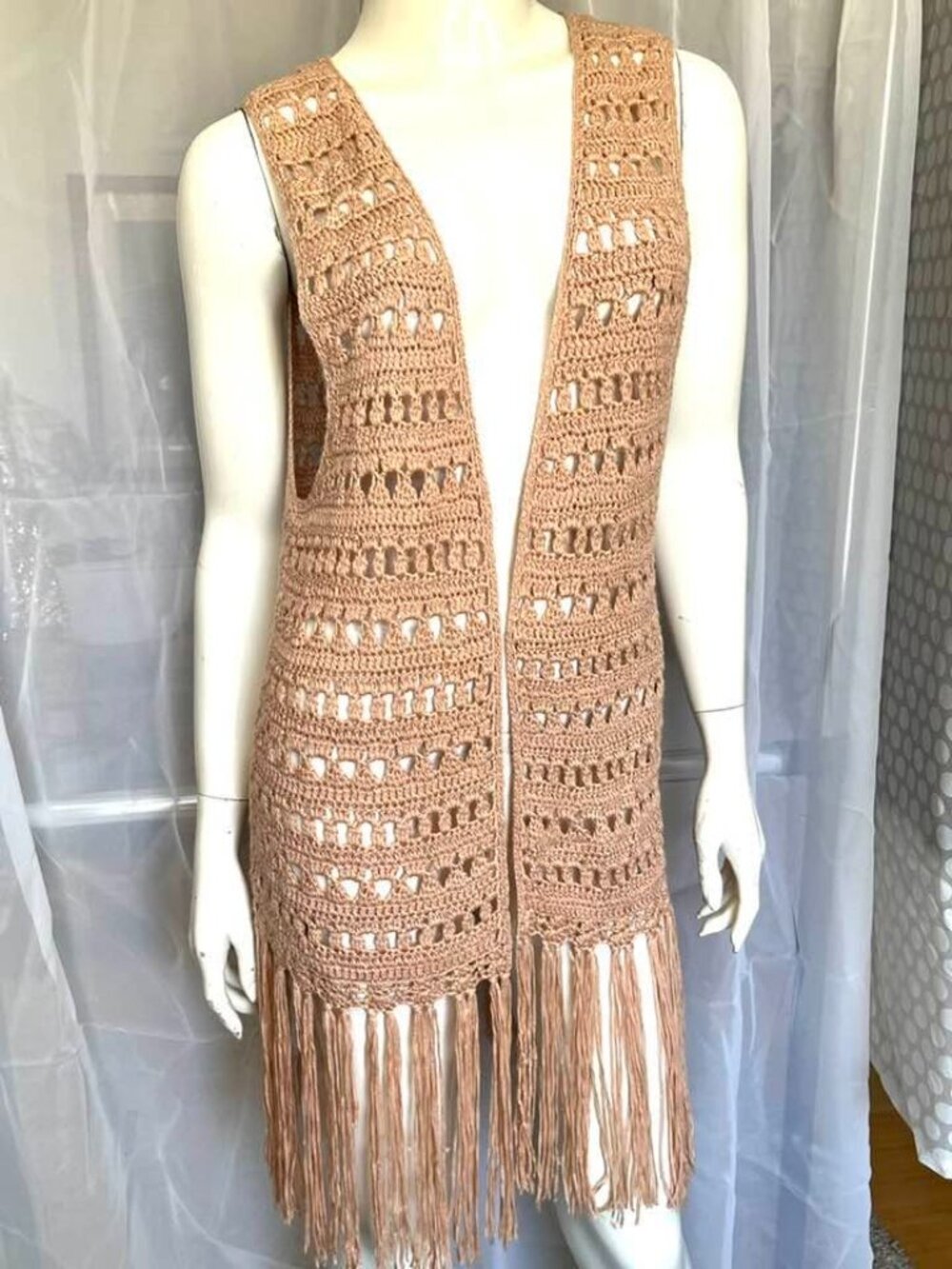 PRONTO Boho Tan Crochet Loose Weave Fringe Long Open Vest Layer one size